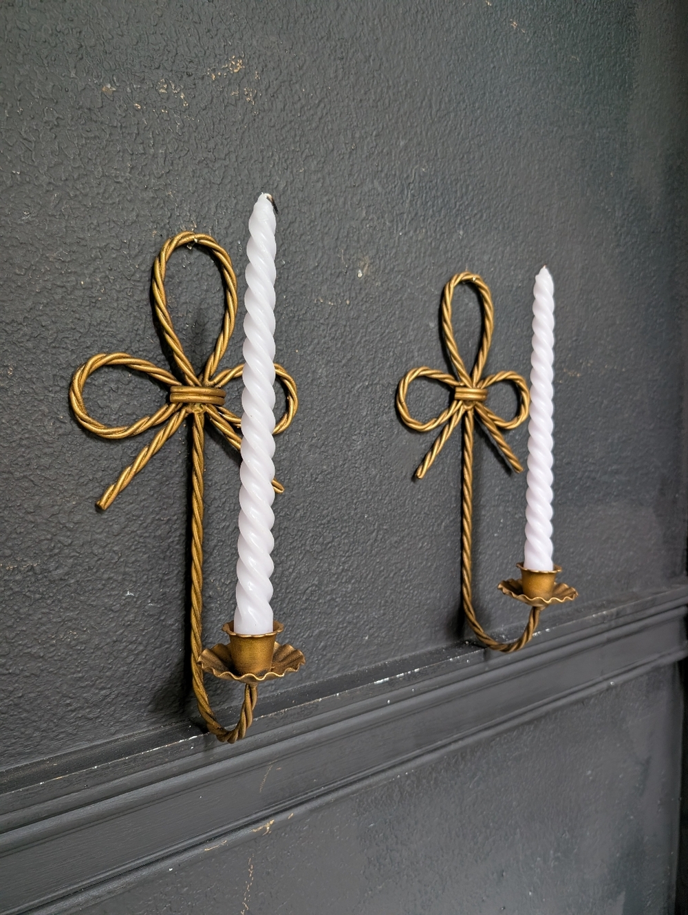 Vintage, set of 2, hollywood regency rope bow style metal sconces candle holders